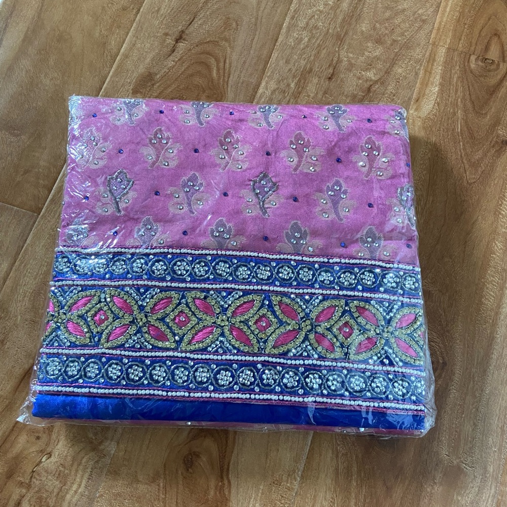 Indian Pink and Blue Embroidered Gem Details Unstitched Suit